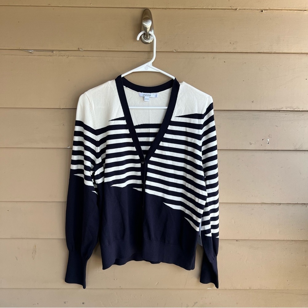 Chico's Mixed Striped Classic Navy Cardigan - Size M Preppy Nautical Casual NWT